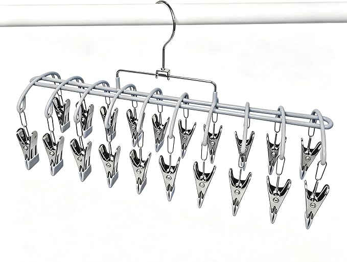 Pants Hangers with 20 Clips, Space Saving Hanging Closet Organizer (Grey) | 360°swivel & non-slip rustproof clips, multi-functional organizer holds leggings, skirts, hats, socks, scarves and lingerie