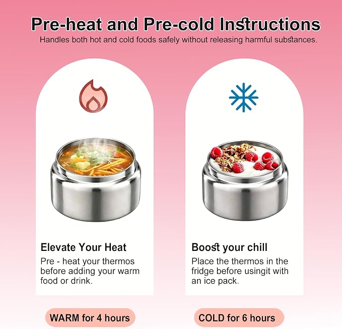 Vacuum Insulated Food Container for Hot & Cold Food, Easy to Open No Twisting Lid, BPA-free，Leak Proof (Pink)