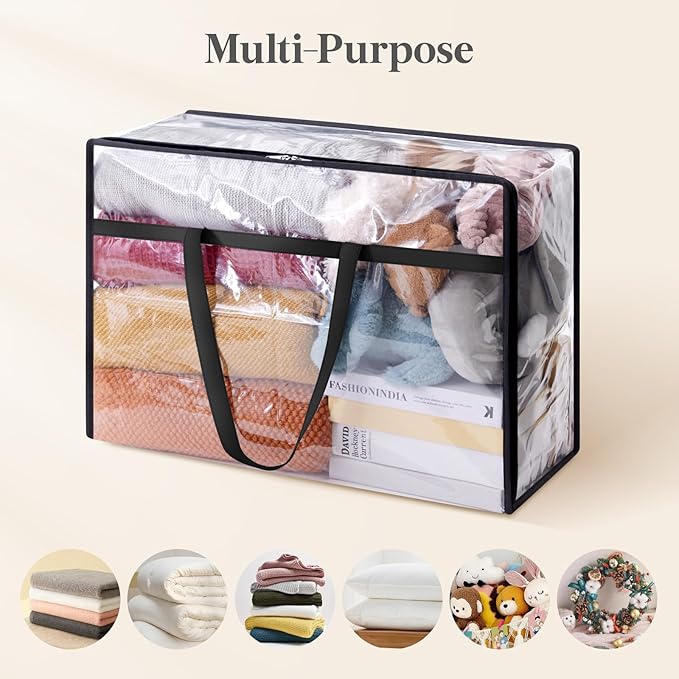Lifewit 3 Pack Clear Clothes Storage Bags, 60L Plastic Blanket Storage Bag, Vinyl Foldable Moving Bags with Zipper, Closet Organizers and Storage Containers for Bedding, Duvet, Comforter
