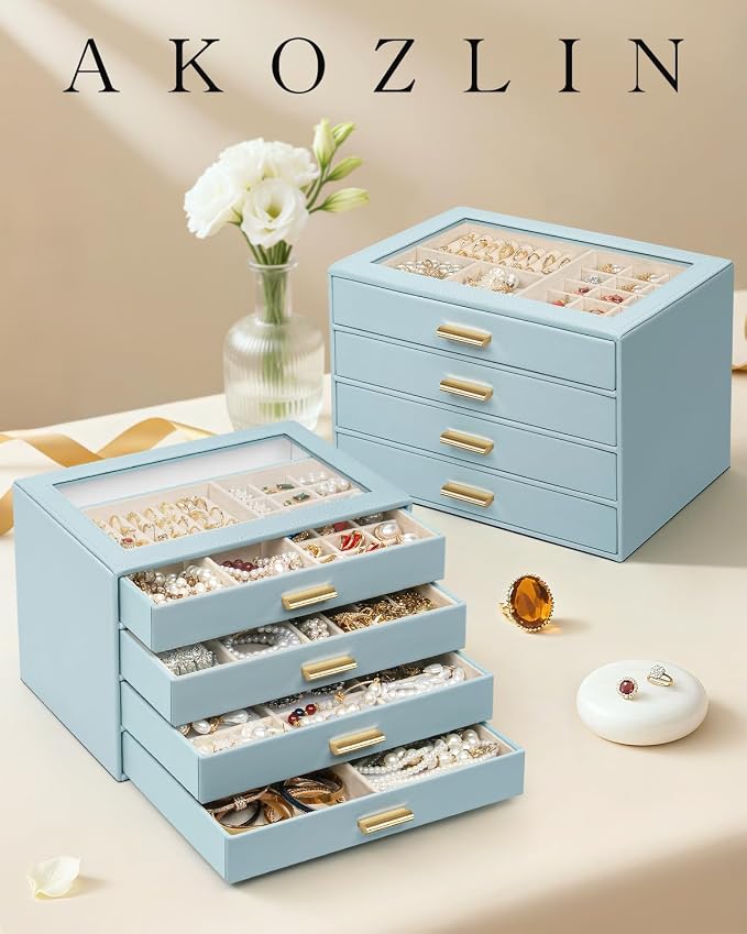 AKOZLIN Jewelry Box with Clear Lid Functional Leather Jewelry Storage Organizer Case 4 Drawers for Women Girls Necklace Ring Bracelet Earring BlueGrey