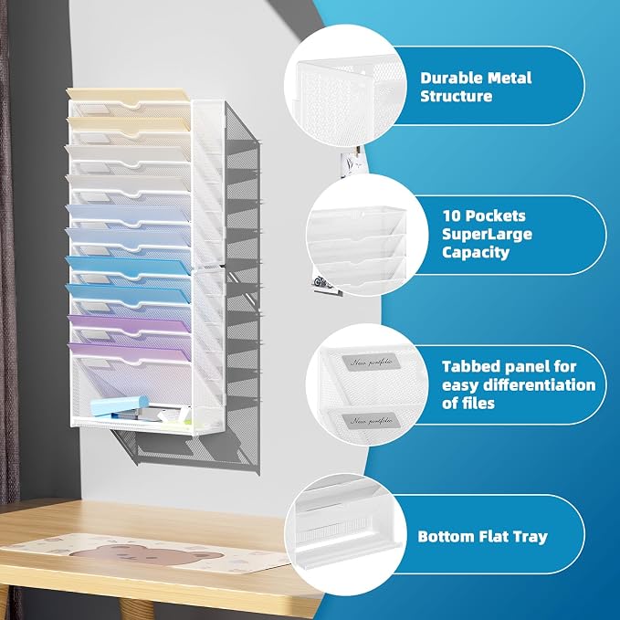 Marbrasse Wall File Holder 11-Tier Hanging Wall File Organizer, for Papers, Files Clipboard & Magazine Organizer, Wall Mount File Holder Great for Office Home (White)