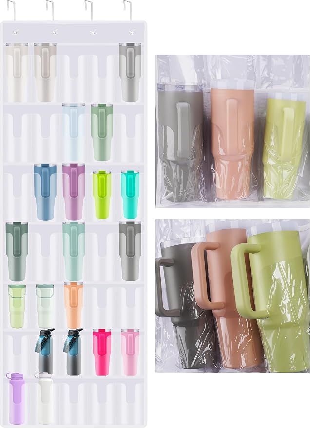 NiHome 35-Pocket Door Hanging Cup Organizer Fit for Stanley Tumbler 30 40oz | Large Capacity Over the Door Water Bottle Storage with Nano Tape, Waterproof Oxford Fabric, U-Shaped Handle Slots (White)