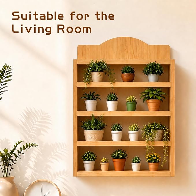 Farmhouse Spice Rack Wall Mounted, 4 Tier Wooden Spice Organizer Shelf for 24 House-Shaped Jars, Natural Wood Decorative Kitchen Shelf