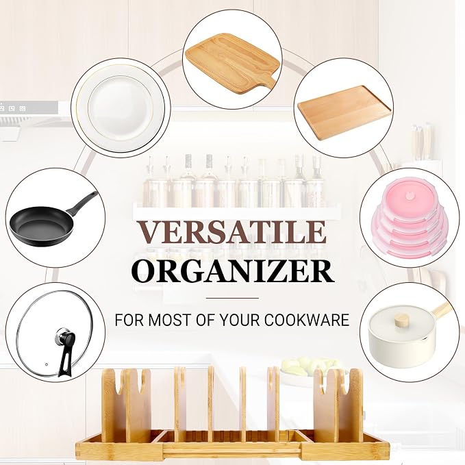 Bamboo Expandable Pot Lid Organizer, Pots and Pans Holder Rack for Cabinet | 8pcs Removable Dividers, Customized Storage, Space-saving, FSC-certified Bamboo, No Assembly
