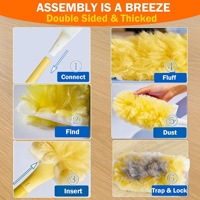 100 Count Heavy Duty Duster Refills for Swiffer Duster, 3 ft Extendable Handle + 1 Short Handle, Multisurface 360 Dusters kit for Dusting Furniture, Ceiling Fans, Blinds, Corners, Yellow