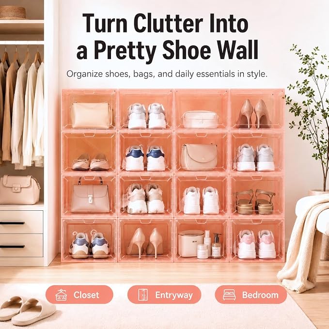 Translucent Pink Shoe Storage Box, 2026 2nd Gen Thickened Hard Plastic Stackable Organizer with Magnetic Door, Folding Shoe Rack for Closet, Decorative Sneaker Display Case, 1 Pack