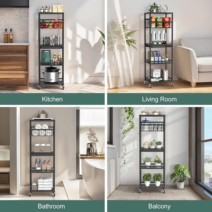 Housolution 5 Tier Kitchen Storage Cart with Fruit Basket Pot Lid Organizer | Versatile Storage, Pull-Out Cutting Board Rack, 4 Lockable Swivel Wheels, Wooden Top, for Kitchen, Pantry, Bathroom, Black