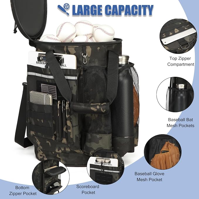Baseball Bucket Bag 6 Gallon Multi Pockets Softball Coaching Equipment Bag | tactical Baseball Bucket Cover Organizer with padded Seat for Balls, Bat, Gloves, Scoreboards