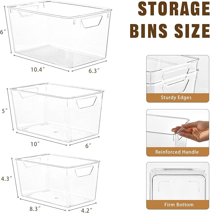 Freebat 12 Pack Organizers and Storage, Pantry Organization and Storage Bins, Cabinet Organizer, Clear Plastic Storage Containers with Handle，Acrylic Storage Bins (4 Small&4 Middle&4 Large