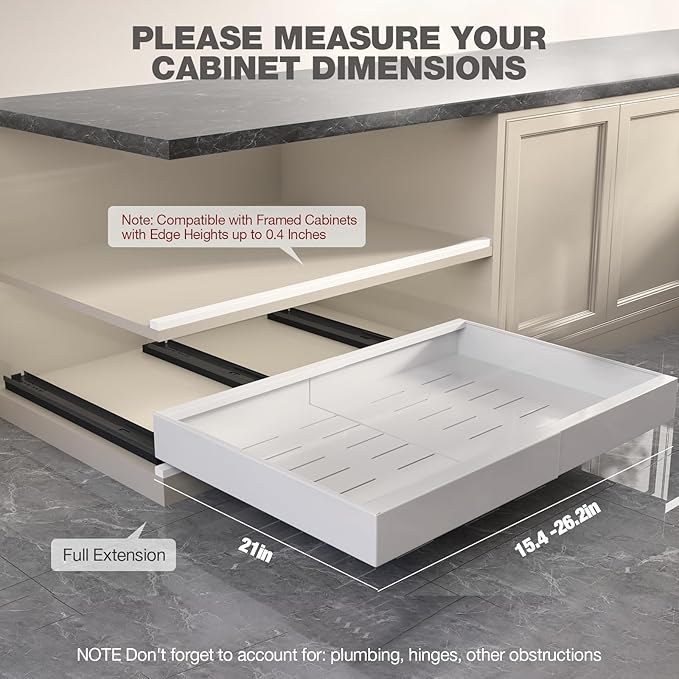 Seinloes 4 Pack Pull Out Cabinet Organizer 21" Deep,Full Extension 3 Slide Rails Slide Out Drawers With Raising Pad for Framed Cabinets,Expandable Width (15.4"-26.2"),No Drill Roll Out Shelves,White