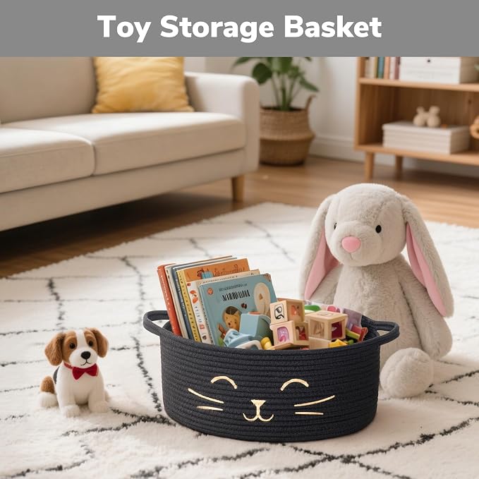Cat Toy Basket, 13.8" x 6" Black Woven Basket for Gifts, Decorative Storage Basket for Nursery Living Room, Pet Dog Toy Storage