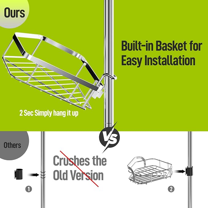 LAMU Shower Caddy Corner Tension Pole, Stainless Steel Shower Organizer, Strong Spring, 5 Adhesive Pads, 2.4 in Non-Slip Grid Base, Adjustable 4-Tier Basket, 4 Hooks, Fits Heights 37.8-124 in, Silver