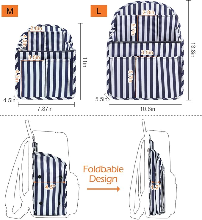 Surblue Backpack Organizer Insert Liner Hanging Travel Rucksack Purse and Handbag Insert Pocket, High-capacity Divider Foldable Nylon Shoulder Bag Organizer for Men and Women, (NavyStripes, M)