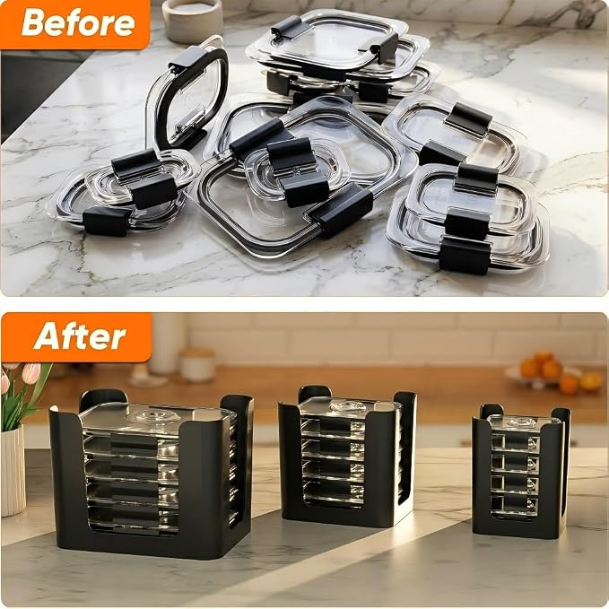 Black 3 Pack Food Container Lid Organizer for Rubbermaid Brilliance | Stackable Lid Holder for Kitchen Cabinet Storage & Pantry Organization, Fits 0.5, 1.3, 3.2, 4.7 Cup Lids, Holds 24 Lids