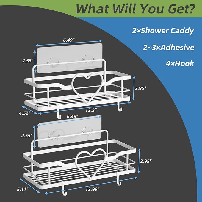 White Shower Caddy with 4 Removable Hooks, 2 Pack Sweet Heart Shower Shelves,No Drilling Adhesive Organizer Shelf for Bathroom Shower,Kitchen,Bedroom