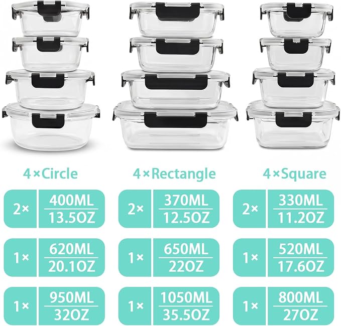 12 Pack Glass Meal Prep Containers with Lids, Glass Food Storage Containers with Snap Locking Lids, Airtight Lunch Containers for Microwave, Oven, Freezer and Dishwasher BPA Free (BLack)