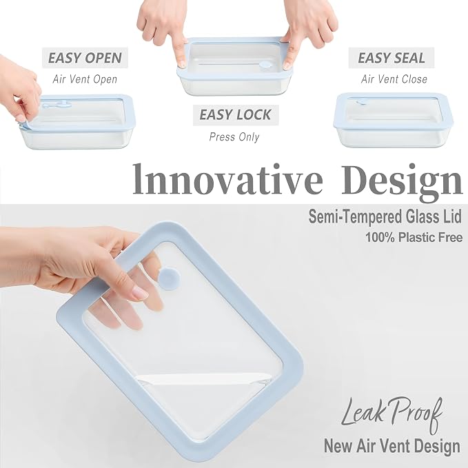 Urban Green Glass Food Container Set with Silicone Glass Lid, Square & Round Shape, 6 Pack, Airtight, LeakProof, 100% Plastic Free, Meal Prep Food Storage Containers, Blue & White Color