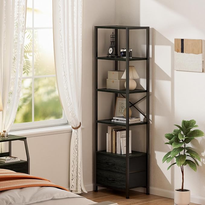 Furnulem 5-Tier Tall Corner Shelf, Narrow Bookshelf with Drawers | 65.16" H Black Bookcase,Fabric Bins and Metal Frame,Wood Display Shelf for Bedroom,Living Room,Home Office. Easy to Assemble