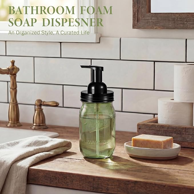 Amolliar Plastic Mason Jar Foaming Soap Dispenser Pump Lid, 16oz Foam Soap Dispenser with Cute Lables - Green Refillable Hand Soap Dispenser for Bathroom Kitchen Shower (2 Pack, Black)