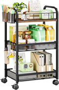 HapiRm 3 Tier Rolling Cart - Metal Utility Cart with Locking Wheels | Rolling Storage Cart Organizer with 2 Hanging Cup, 4 Hooks, Mesh Basket, Space-saver for Kitchen, Craft Art, Office, Bathroom