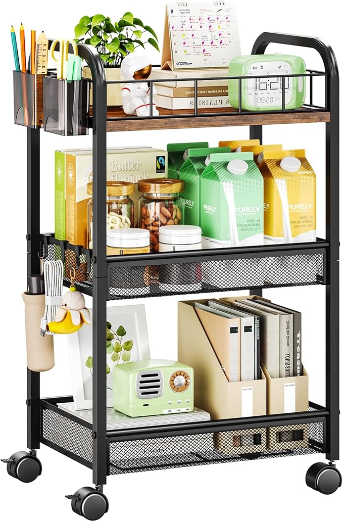 HapiRm 3 Tier Rolling Cart - Metal Utility Cart with Locking Wheels | Rolling Storage Cart Organizer with 2 Hanging Cup, 4 Hooks, Mesh Basket, Space-saver for Kitchen, Craft Art, Office, Bathroom