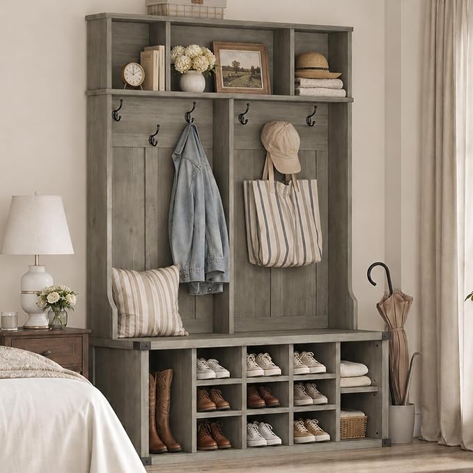 Garvee Farmhouse Entryway Hall Tree with Bench, Shoe Storage & Coat Rack | Large 5-in-1 Mudroom Storage w/ 6 Tri-Hooks & Seating, 13 Cubbies & Adjustable Shelf, Metal Corner Protctor, Rustic Gray