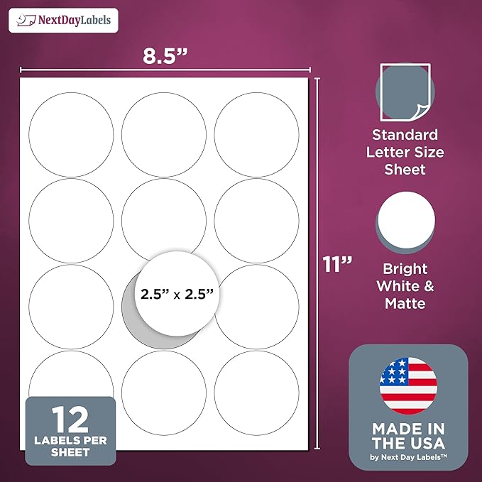 NextDayLabels 2.5 Inch Round Circle Stickers White Blank Labels for Laser Inkjet Printer - 12 Per Sheet Self-Adhesive Product Packaging Logo Made in USA - 300 Labels