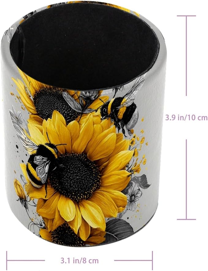 Faux Leather Pen Holder for Desk, Pencil Organizer Bee and Sunflowers Pen Cup Desk Decor Makeup Brush Holder Storage for Office Home