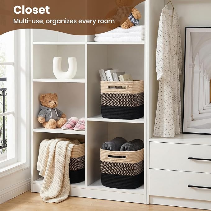 Storage Baskets for Organizing, 14 x 10 x 9” Closet Shelf Woven Baskets, Square Bins with Handles, Cotton Rope Basket for Clothes, Office, Room, Black+Brown 4 Pack
