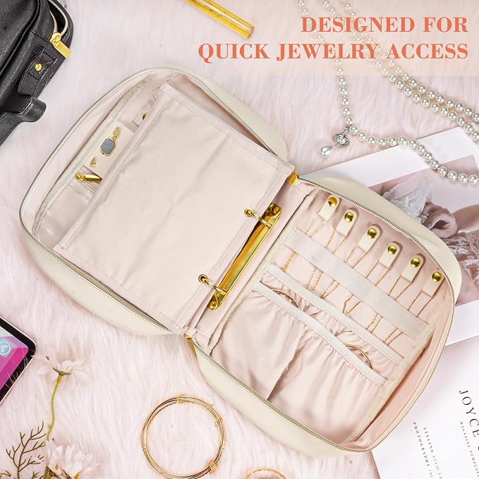 Travel Jewelry Organizer for Women, Jewelry Organizers and Storage with Detachable Zipper Pouches, Tangle-Free Jewelry Travel Case for Necklaces, Earrings, Rings & Bracelets, (Off-white)