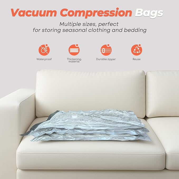 Vacbird Vacuum Seal Bags for Clothing with Rechargeable Cordless Pump, 12 Pack Compression Packing Bags, Space Saver Storage for Seasonal Clothes Bedding Blanket Pillows Comforters Luggage Travel