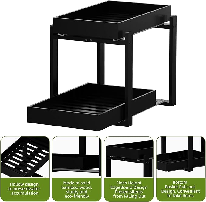 APRTAT 2 Pack Under Sink Organizer, Bamboo Wooden 2-Tier Pull-Out Storage with Sliding Drawers for Kitchen and Bathroom Cabinets, Easy Installation (Black, 1 pack)