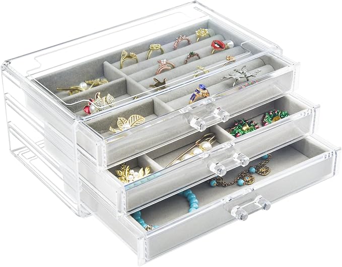 Weiai Acrylic Jewelry Box Organizer 3 Drawer Earring Storage Case Tray for Women