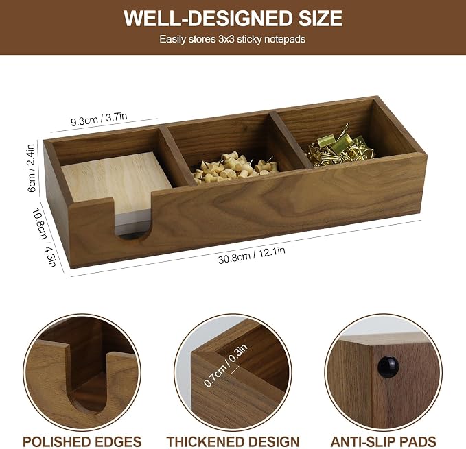 Buqoo Walnut Wooden Sticky Note Holder | 12" x 4.3" x 2.4" Self Stick Note Pads Holder Memo Pad Dispenser for School N Home Office Supplies