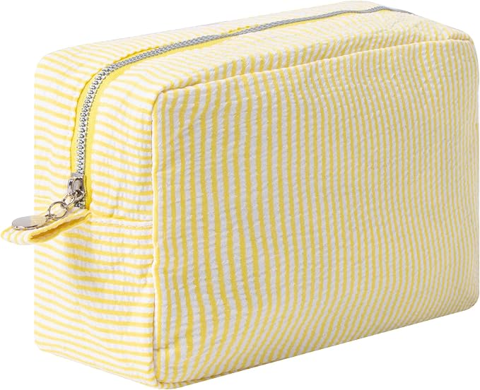 Large Capacity Striped Pencil Case Cosmetic Bag with Zipper Portable Stationery Organizer Pouch for School Students Teens Travel Toiletry Bag (Yellow)