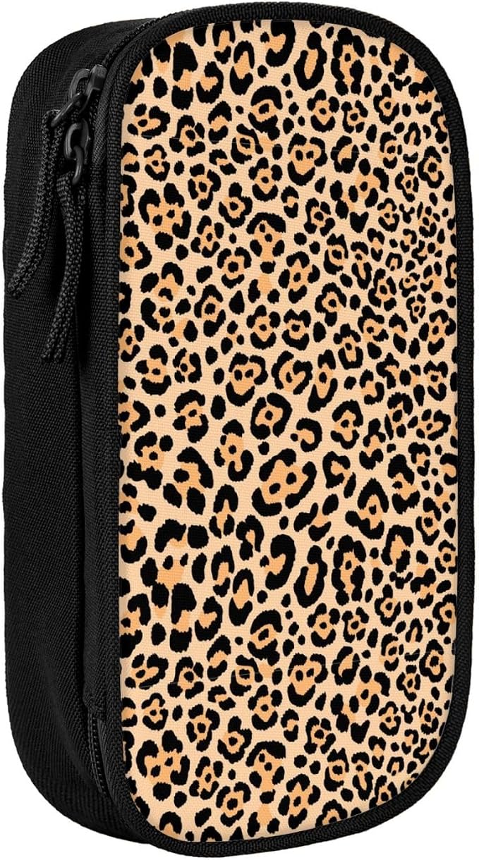 Perinsto Leopard Animal Skin Print Pencil Case Big Capacity Multi Compartment Stationery Box Pencil Pouch Holder Desk Organizer For School Office Home