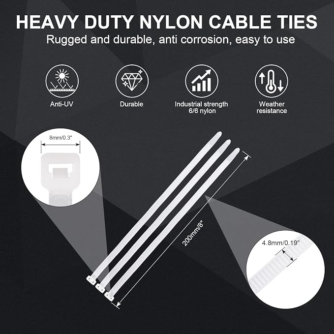 Clear Zip Ties Heavy Duty 8 Inch(1000 pcs), 50lb, White Cable Ties, Zipties | Heavy Duty, 1000 pcs, 50lb