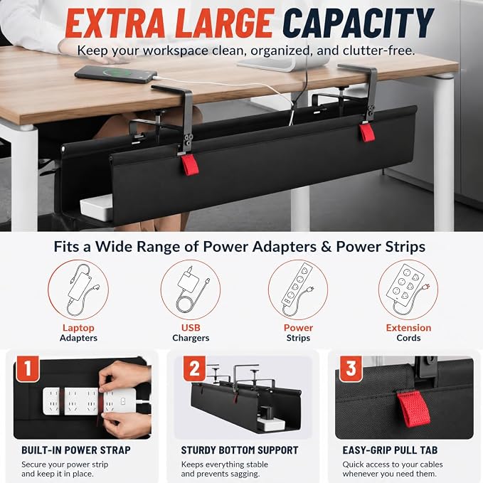 Under Desk Cable Management Tray, 90CM Extra Large, No-Drill Clamp Mount Cable Organizer, Hide Power Strips, Adapters & Wires, Easy Access Fabric Cable Basket for Standing Desks & Home Offices