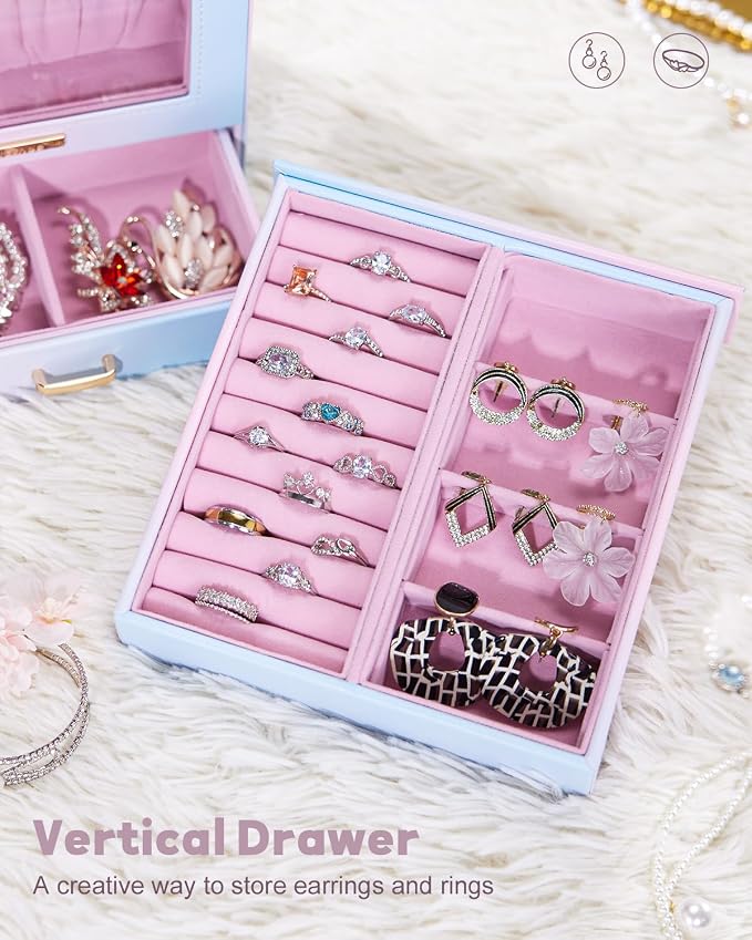 Homde Display Jewelry Box for Girls: Starter Organizer with Clear Window | Vertical Drawers for Earrings Rings Necklaces - Compact Footprint Fits Small Vanities - Birthday&Graduation Gift for Teens