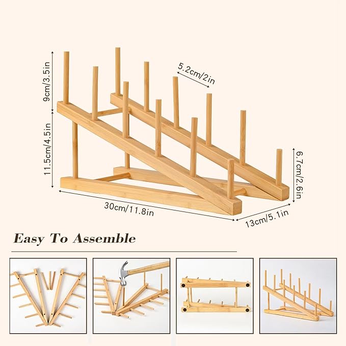 Plate Stands For Display, Wooden Plate Rack Dish Stand Holder | 5-Tier Display Stand for Book, Art Print, Puzzle, Cutting Board, Pot Lid Rack and Kitchen Cabinet Organizer (1 Pack)