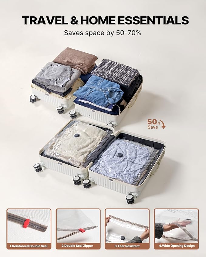 Vacuum Seal Bags for Clothing Travel, VINTAR 16 Pack Vacuum Storage Bags with Rechargeable Wireless Pump, Space Saver Bags(4 Jumbo+4 Large+4 Medium+4 Small) for Travel Luggage, Suitcase Storage