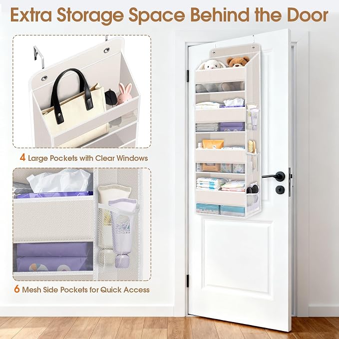 WISELIFE Over The Door Organizer Storage with 4 Large Pockets Door Hanging Organizer with Clear Windows behind The Door Storage for Nursery Bedroom Bathroom Pantry Closet and Baby Essentials Beige
