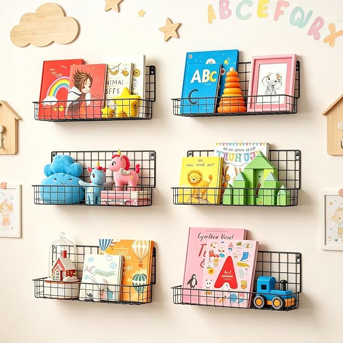 X-cosrack Floating Book Shelves for Wall Kids Bookshelf,Metal Hanging Wall Mounted Shelf for Nursery Toddler, Kids Room, Classroom,Set of 6,Black,2 Sizes