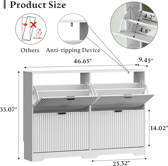 Xixini Shoe Storage Cabinet for Entryway with 4 Flip Drawers, Hidden Slim Wood Shoe Organizer with Modern Fluted Panel, Freestanding Narrow Shoe Rack for Front Door Entrance, Hallway, Foyer, White