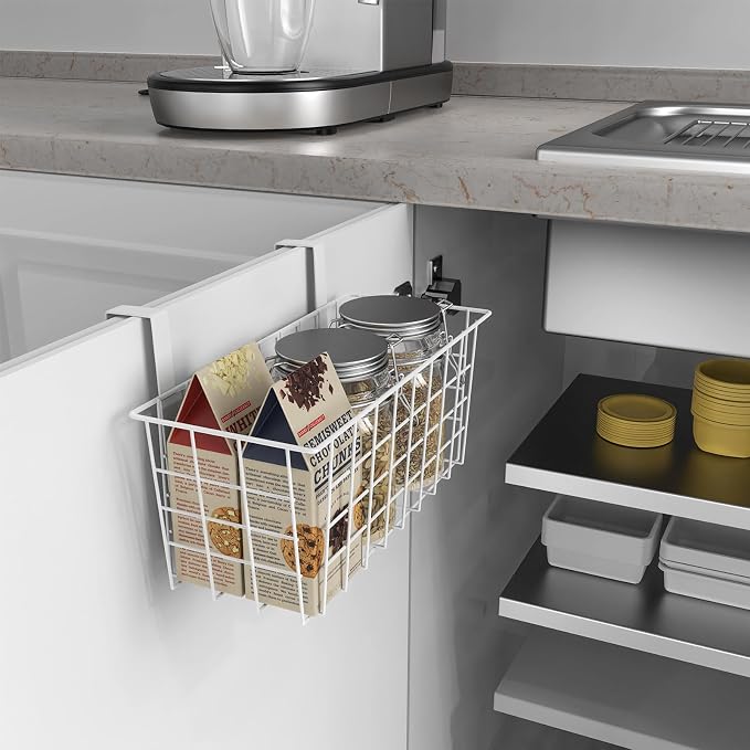 MaraFansie Basket with Hook, Grid Storage Basket, Over the Cabinet Door Organizer, Wire Hanging Basket with Hook Over the Railing, Under Sink Kitchen Cabinet, Pantry, Bathroom, White, 2 Pack