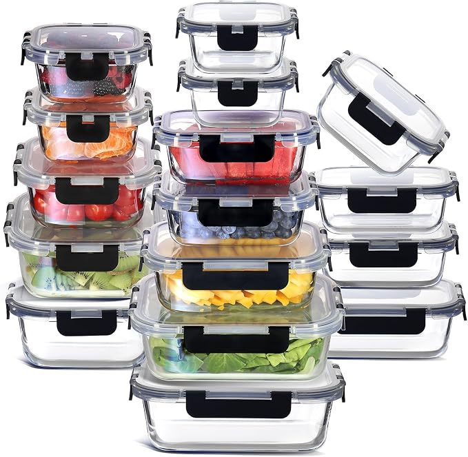 EATEX 32pc Glass Food Storage Containers with Lids, Airtight Glass Meal Prep, 16 Reusable Food Containers with 16 Leakproof Snap Lock Lids Oven Microwave Freezer Safe Lunch Containers