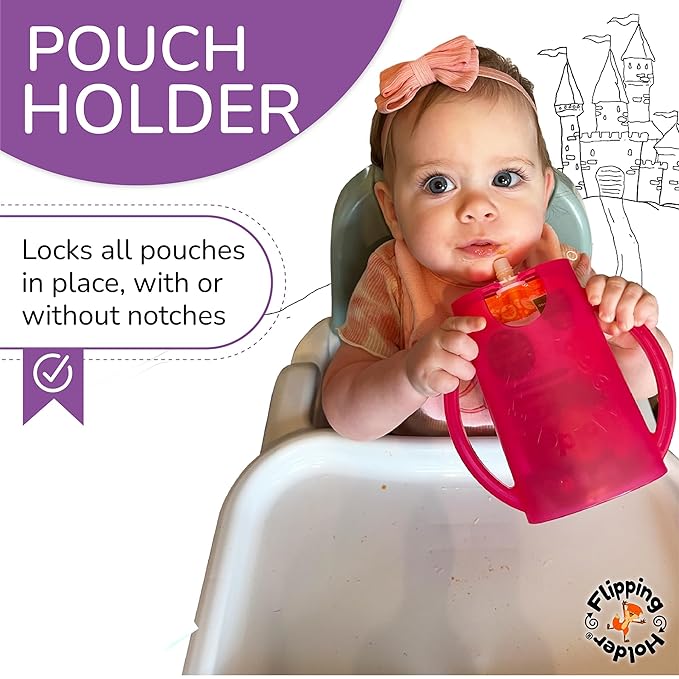 Flipping Holder Squeeze Proof Food Pouch Holder for Toddlers, Babies, Kids, Mess Free No Squeeze Juice Box Drink and Applesauce Snack Holder with Easy Grip Handles and Lid
