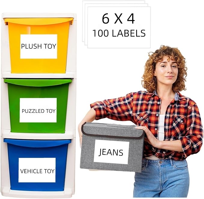 100 4" x 6" Organizing Labels for Storage Bins White Blank Large Label | Organization Name Stickers for Containers Box Bin Kitchen Storage, Moving Shipping Packing , Proof-Water/Oil, Sticky