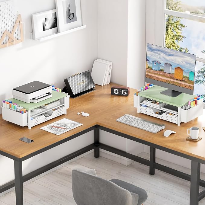 Wood Metal Monitor Stand Riser, Laptop Stand for Desk, Office Desk Organizer and Accessories, Computer Desktop Shelf with Drawer and Pen Holder, Printer Stand for Home, Office, Dorm (Green Wood)