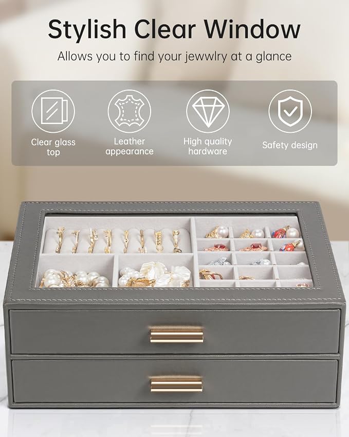 AKOZLIN Jewelry Box with Clear Lid Functional Leather Jewelry Storage Organizer Case 2 Drawers for Women Girls Necklace Ring Bracelet Earring